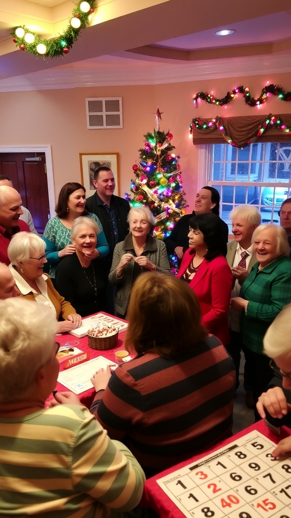 Guests enjoying games at a Christmas party with decorations and festive attire.